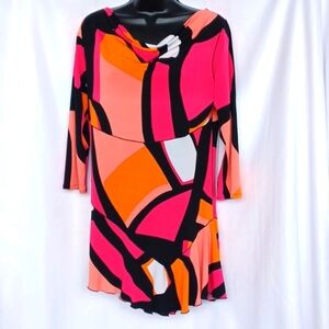 EVA VARRO ,3/4 SLEEVES Cowl NECK DRESS—Geometric Pattern, Flutter Hem